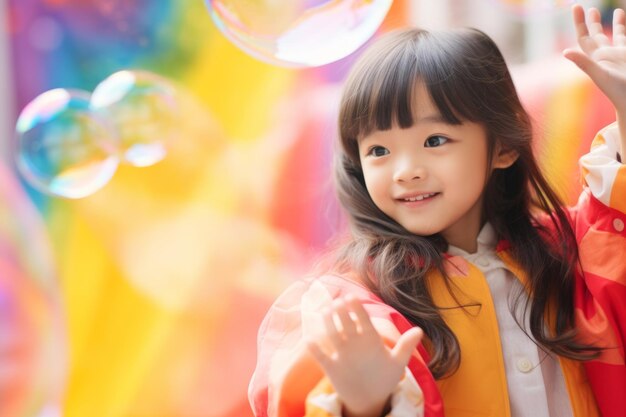 アジアの幸せな子供の女の子彩虹の背景に色とりどりのソープの風船