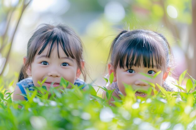 アジア の 幸せ な 子供 たち が 公園 で 外 で 遊ん で 楽しん で いる