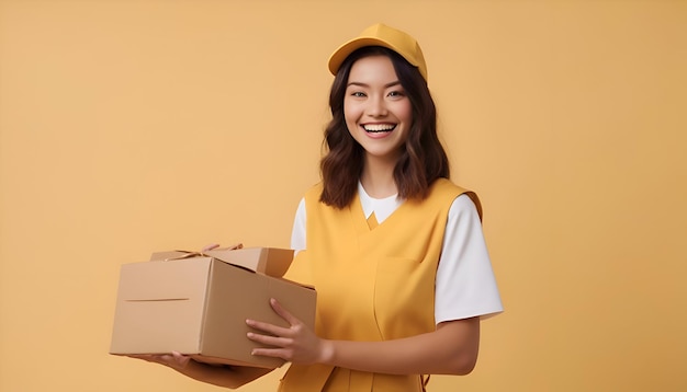 happy asian delivery woman in yellow uniform holding parcel box isolated on yellow