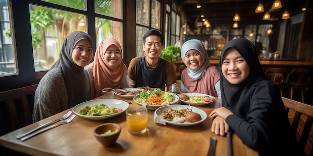 Happy Asian family friend gathering at a restaurant