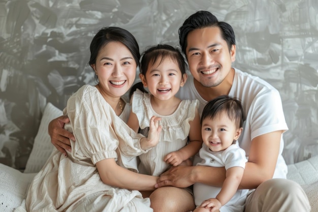 happy asian family on gray background with copy space