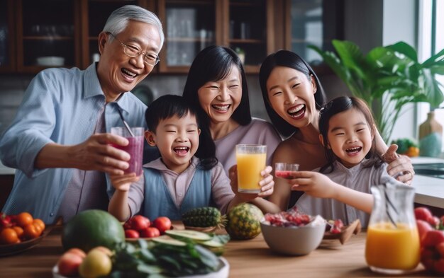 幸せなアジアの家族が健康的なフルーツジュースを乾杯しています