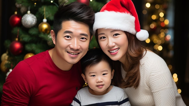 幸せなアジアの家族はクリスマスを家で過ごすでしょう
