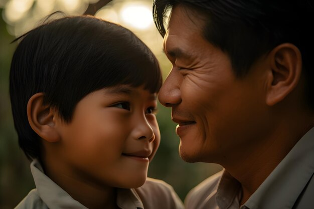 사진 공원에서 서로를 바라보는 행복한 아시아 아버지와 아들 generative ai