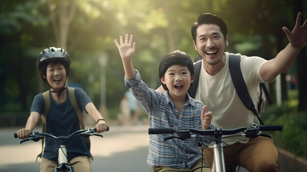 Happy Asian father and mother teach their son to ride a bicycle Image of happy family high quality photo