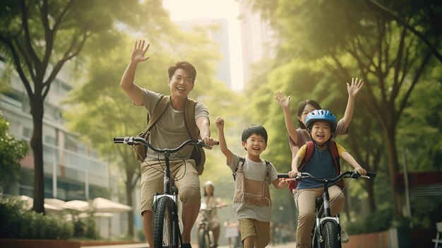 Happy Asian father and mother teach their son to ride a bicycle Image of happy family high quality photo