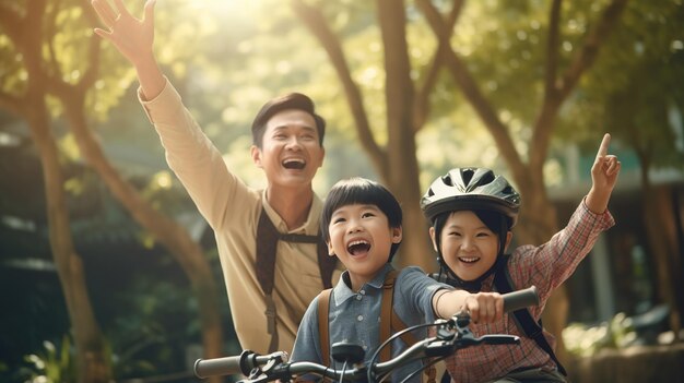 Happy Asian father and mother teach their son to ride a bicycle Image of happy family high quality photo