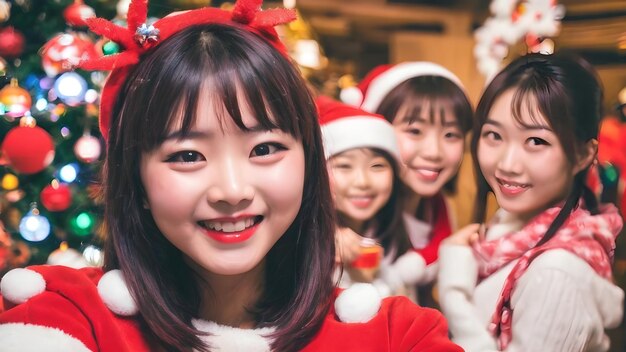 Happy asian girl in christmas party background