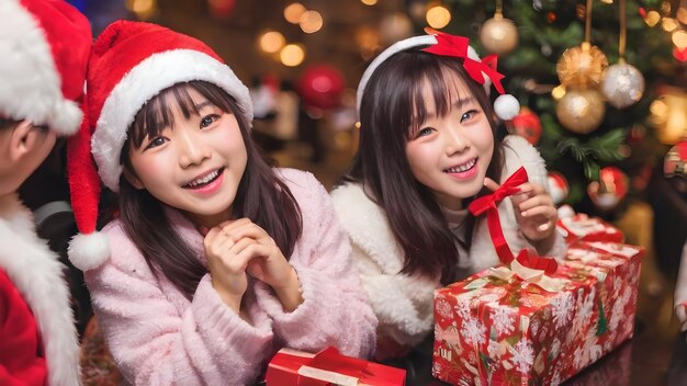 Happy asian girl in christmas party background