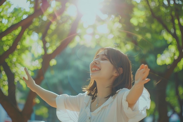 写真 晴れた公園で踊って笑っている幸せなアジアの女の子