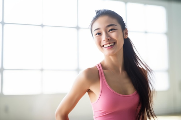 Photo happy asian girl exercising in pink tank top