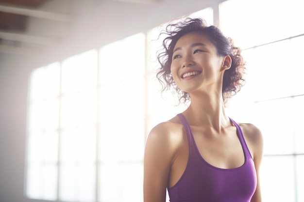 Happy Asian girl exercising in purple tank top