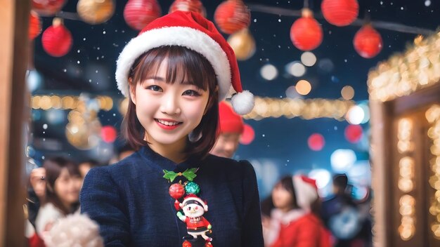 写真 クリスマスパーティーの背景で幸せなアジア人女の子