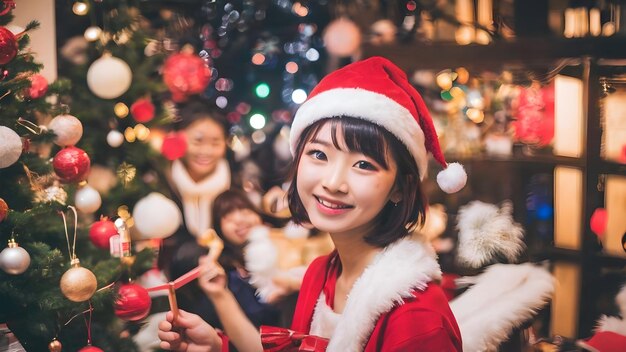 写真 クリスマスパーティーの背景で幸せなアジア人女の子