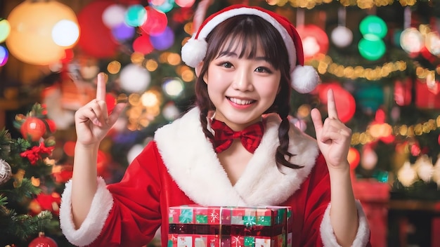 写真 クリスマスパーティーの背景で幸せなアジア人女の子