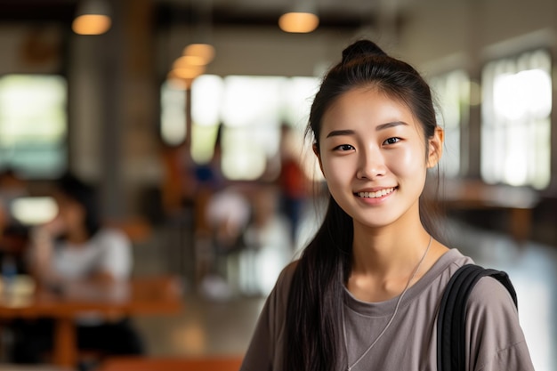 Foto ritratto di una studentessa asiatica felice all'università