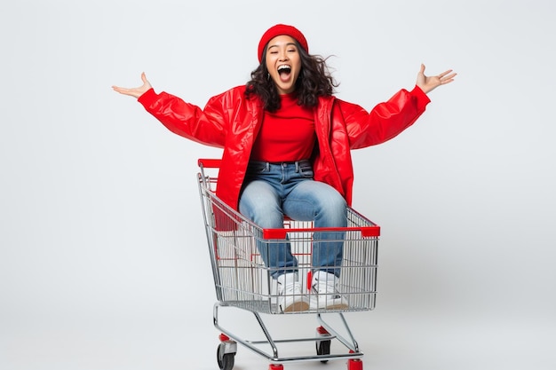 Happy asian girl with shopping cart on white isolated wall