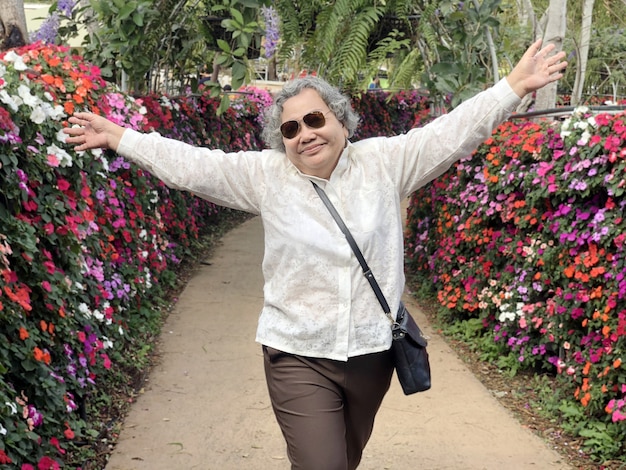 Happy asian grandfather and grandmother happiness at outdoor