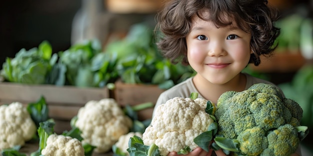 アジアの幸せな子供 野菜の収を手に持っている男の子 カリフラワーとブロッコリー 赤ちゃんの健康的な栄養有機的な食べ物