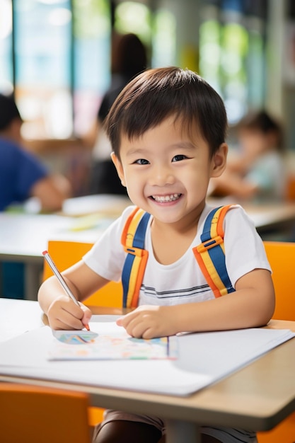 学校にいる幸せなアジア人の子供