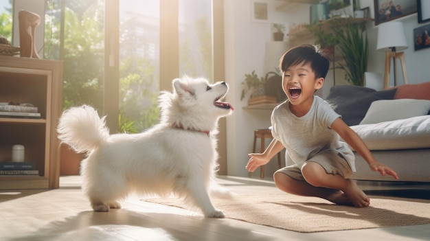 Happy asian kid with dog playing at home friendship and loyalty