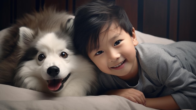 Счастливый азиатский ребенок с собакой, играющей дома Дружба и верность