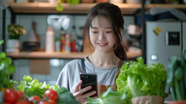 Happy Asian lady in the kitchen with new groceries utilizing her smartphone Generative Ai