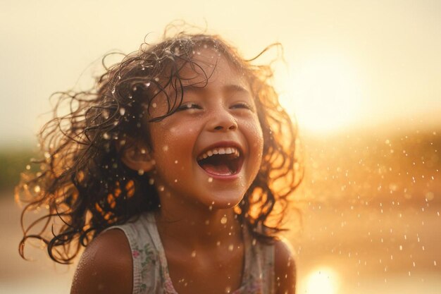 Photo happy asian little child girl having fun to play with the rain in the evening sunlight in vintage