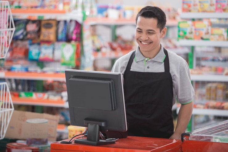 Photo happy asian male shopkeeper