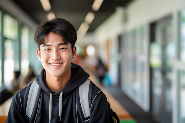 Happy asian male student portrait in classroom