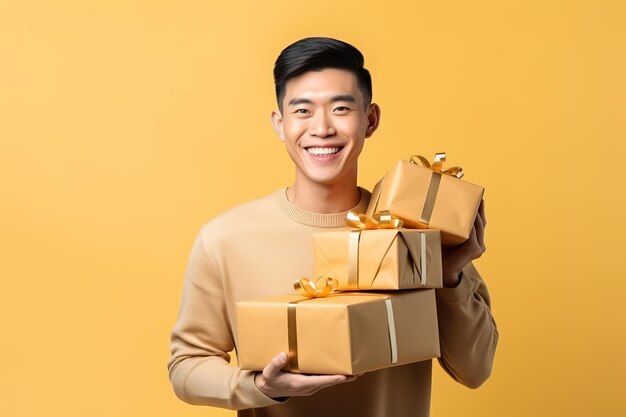 Happy asian man holding stack of present boxes