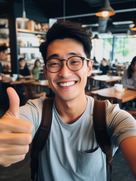 Photo happy asian man selfie himself in the coffee cafe