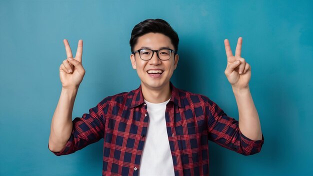 Photo happy asian man showing two victory signs