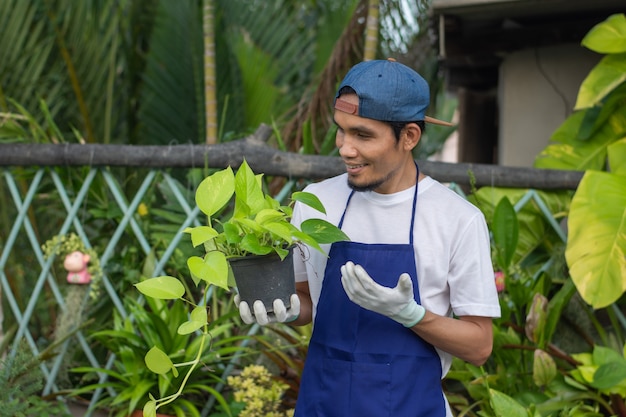 小さな花の中心部のエプロンに立っている幸せなアジア人、男観賞植物店のオーナー