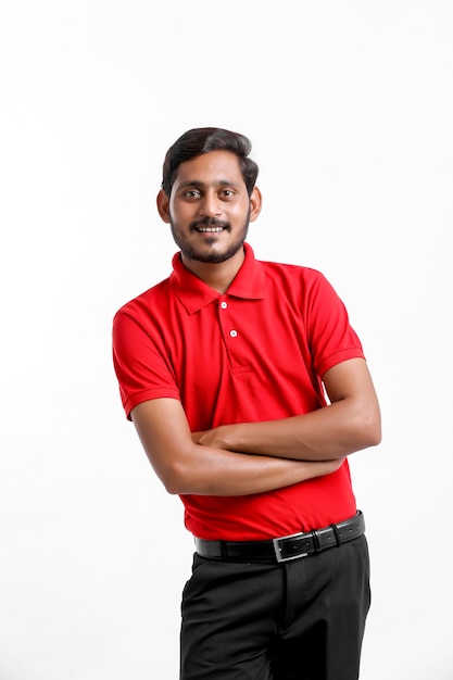 Happy Asian man in t-shirt and cap standing on white background, Delivery service concept