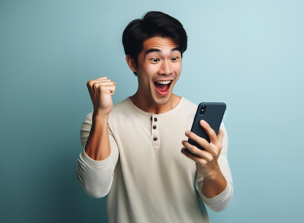 happy asian man using phone looking excited with a win gesture mobile isolated with blue background