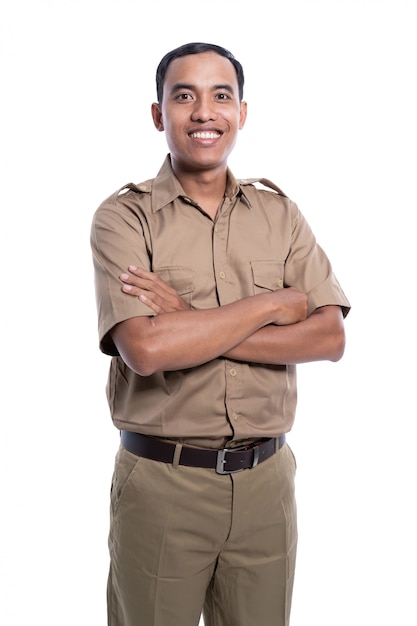 Happy asian man wearing a khaki uniform