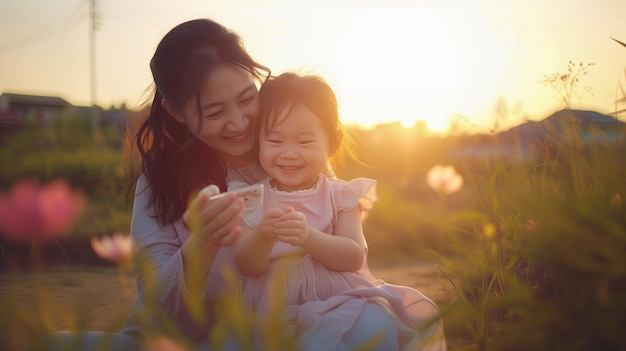 사진 행복 한 아시아인 어머니 와 딸 이 일몰 때 공원 에서 함께 놀고 있다