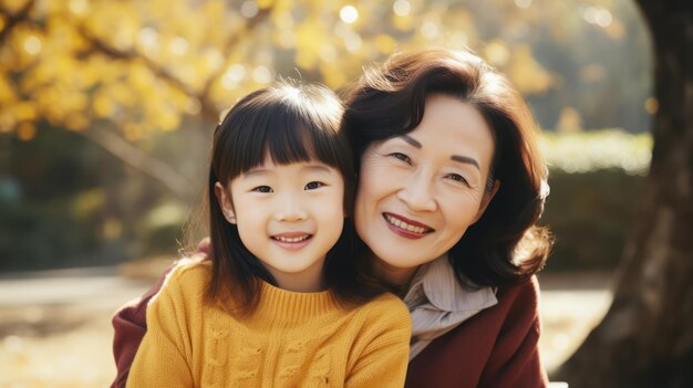 Happy asian mother and daughter in the autumn park family lifestyle concept generative ai