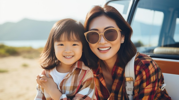 Happy Asian mother and daughter relaxing in nature with RV
