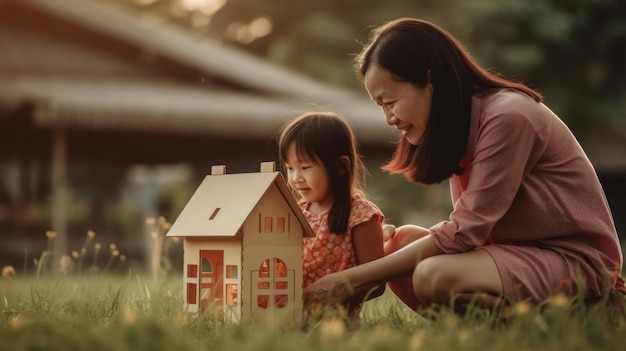 Happy Asian mother playing with her daughter in the meadow with a model house Mother's Day concept