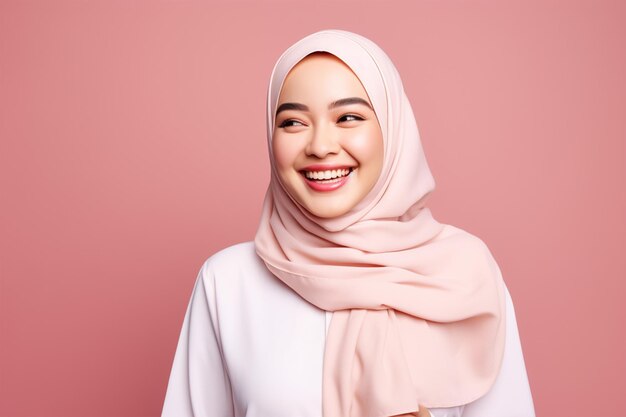 Счастливая азиатская мусульманка в белом платье.