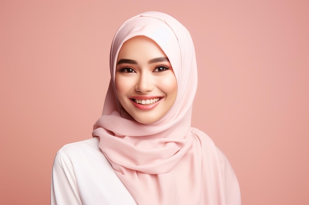 happy Asian Muslim woman wearing white dress