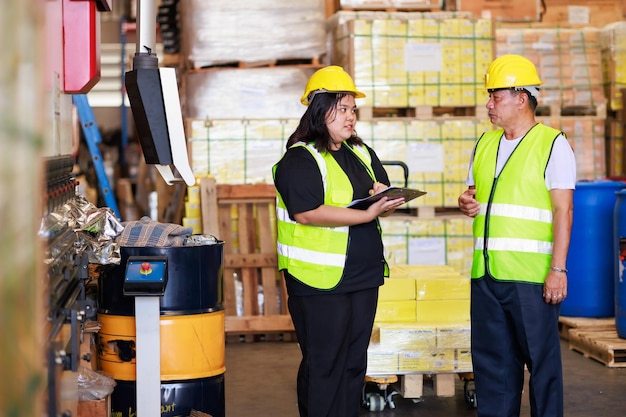 Happy asian obese female worker and senior manager warehouse in\
safety vest and hardhat helmet