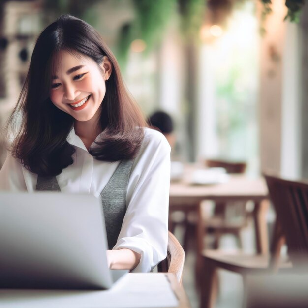 편안한 카페에서 노트북으로 일하는 행복한 아시아인 사무실 소녀