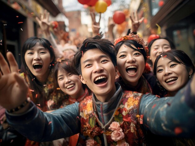 Happy Asian people with Chinese traditional clothing in Chinese new year street