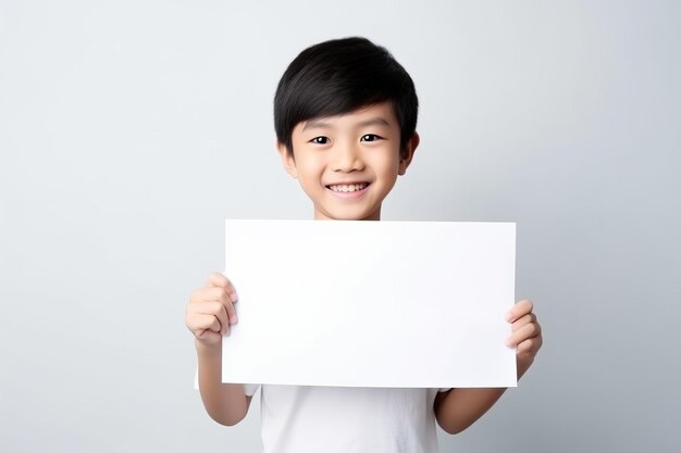 Happy asian Scholl boy holding blank white banner sign isolated studio portrait