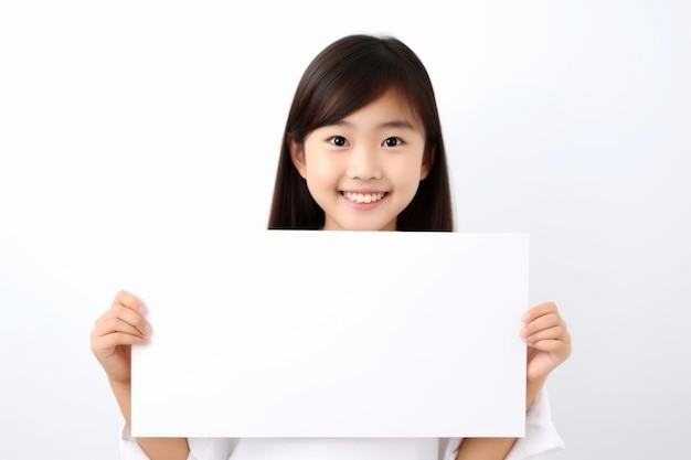 Happy asian scholl girl holding blank white banner sign isolated studio portrait