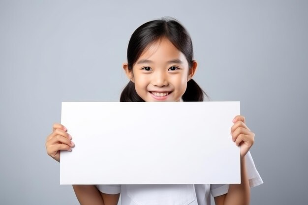 Happy asian scholl girl holding blank white banner sign isolated studio portrait