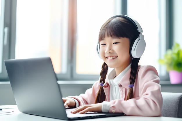 Happy asian schoolgirl studying online using laptop wearing headphones sitting at desk